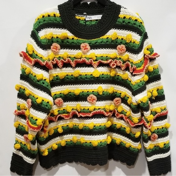 Zara chunky embellished bobble pom pom sweater, limited oversized floral knit - Picture 2 of 9